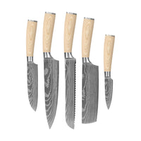Shinrai Knives - Akari Damascus Print 5-piece set - Chef's Knife + Bread Knife + Nakiri + Small Santoku + Paring Knife