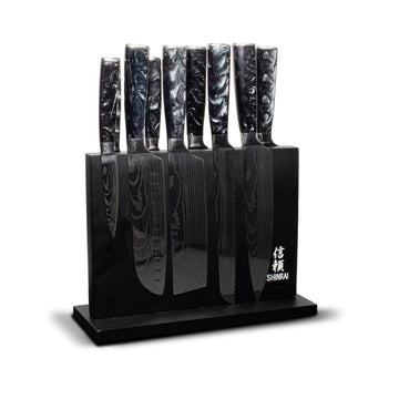 Shinrai Japan - Damascus Print Onyx Epoxy 9-delige Messenset + Magnetisch Messenblok Dubbelzijdig - Zwart Shinrai Japan