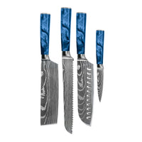 Shinrai Knives - Damascus Print Epoxy Sapphire 4-delige Messenset - Santoku + Broodmes + Nakiri + Schilmes Messenset Shinrai Knives