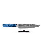 Couteaux Shinrai - Coffret de 5 couteaux en résine époxy saphir à motif damassé - Couteau de chef + Couteau à pain + Nakiri + Santoku + Couteau d'office