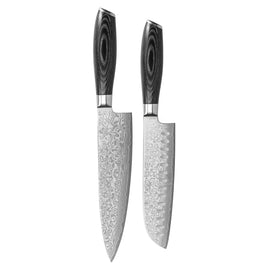 Shinrai Knives - Damask Pakka Wood 2-Piece Knife Set - Chef's Knife + Santoku Knife Shinrai Knives - Damast Pakka Wood 2-delige Messenset - Koksmes + Santoku mes Messenset Shinrai Knives