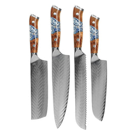 Shinrai Knives - Eclipse 4-Piece Damascus Knife Set - Chef's Knife + Nakiri + Santoku + Bread Knife Shinrai Knives - Eclipse 4-delige Damascus Messenset - Koksmes + Nakiri + Santoku + Broodmes Messenset Shinrai Knives