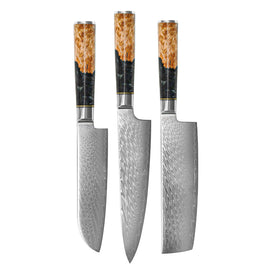 Shinrai Knives - Epoxy Onyx 3-piece Damascus Knife Set - Chef's Knife + Nakiri + Santoku Shinrai Knives - Epoxy Onyx 3-delige Damascus Messenset - Koksmes + Nakiri + Santoku Messenset Shinrai Knives
