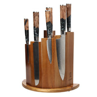 Couteaux Shinrai - Coffret de 6 couteaux damassés en époxy onyx + bloc magnétique ; Couteaux Scalae - Coffret de couteaux en bois d'acacia avec bloc ; Couteaux Shinrai