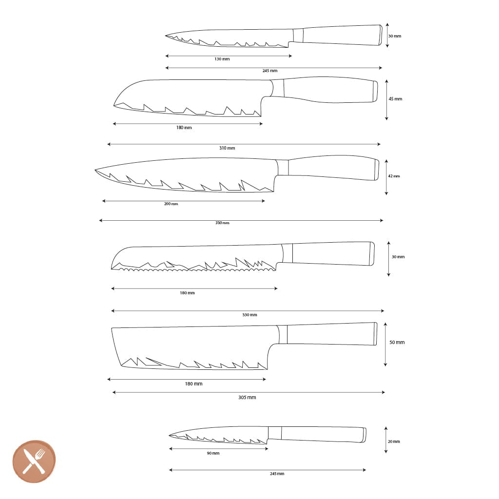 Shinrai Knives - Epoxy Onyx Damascus 6-delige Damascus Messenset Messenset Shinrai Knives