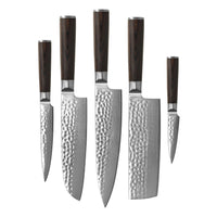 Couteaux Shinrai - Coffret complet BR Damas martelé - Ensemble de couteaux complet avec bloc, planche à découper et pierre à aiguiser