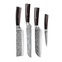 Couteaux Shinrai - Coffret de 4 couteaux en acier inoxydable martelé - Santoku + Couteau à pain + Nakiri + Couteau d'office