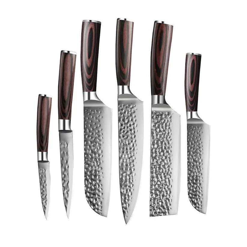 Shinrai Knives - Hammered RVS 6-delige Messenset + Messenblok Stans Messenset met blok Shinrai Knives