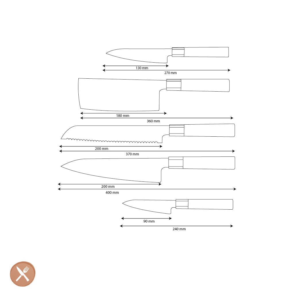 Couteaux Shinrai - Ensemble de couteaux damas Kurayami 5 pièces - Couteau de chef + couteau à pain + Nakiri + couteau d'office + couteau à éplucher Ensemble de couteaux Shinrai Knives
