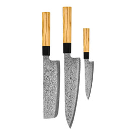 Shinrai Knives - Takumi Kaza 3-Piece Damascus Knife Set - Chef's Knife + Nakiri + Paring Knife Shinrai Knives - Takumi Kaza 3-delige Damascus Messenset - Koksmes + Nakiri + Schilmes Messenset Shinrai Knives