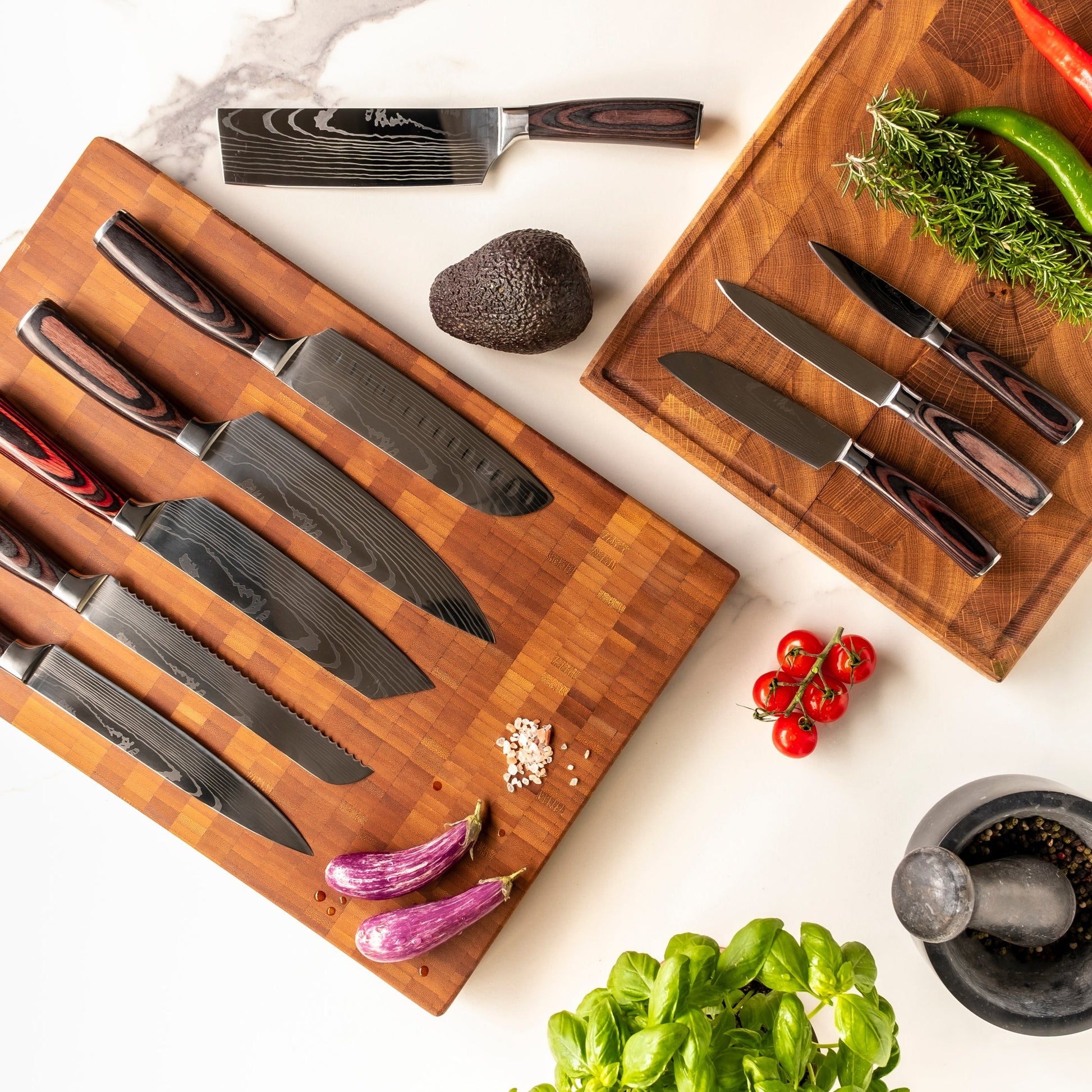 Damascus Print 9-delige Messenset Messensets Shinrai Japan