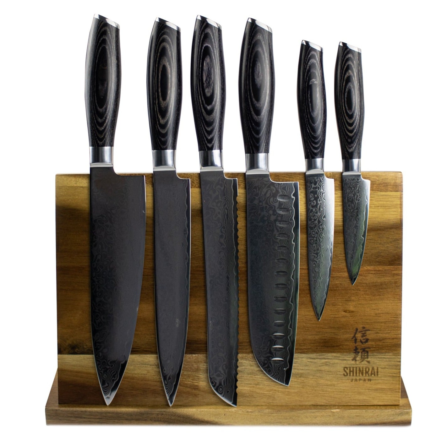 Damast Pakka Wood Series - 6-delige messenset + Acacia houder enkelzijdig Shinrai Japan