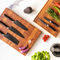 Hammered Damast BR 5-delige Damascus Messenset + Acacia houder dubbelzijdig Messensets Shinrai Japan