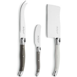Lou Laguiole - Tradition 3-piece cheese knife set - Pepper/Pearl/Taupe Lou Laguiole - 3-pc cheese set in wooden box - mixed color (pepper/pearl/taupe) Kaasmessen Lou Laguiole