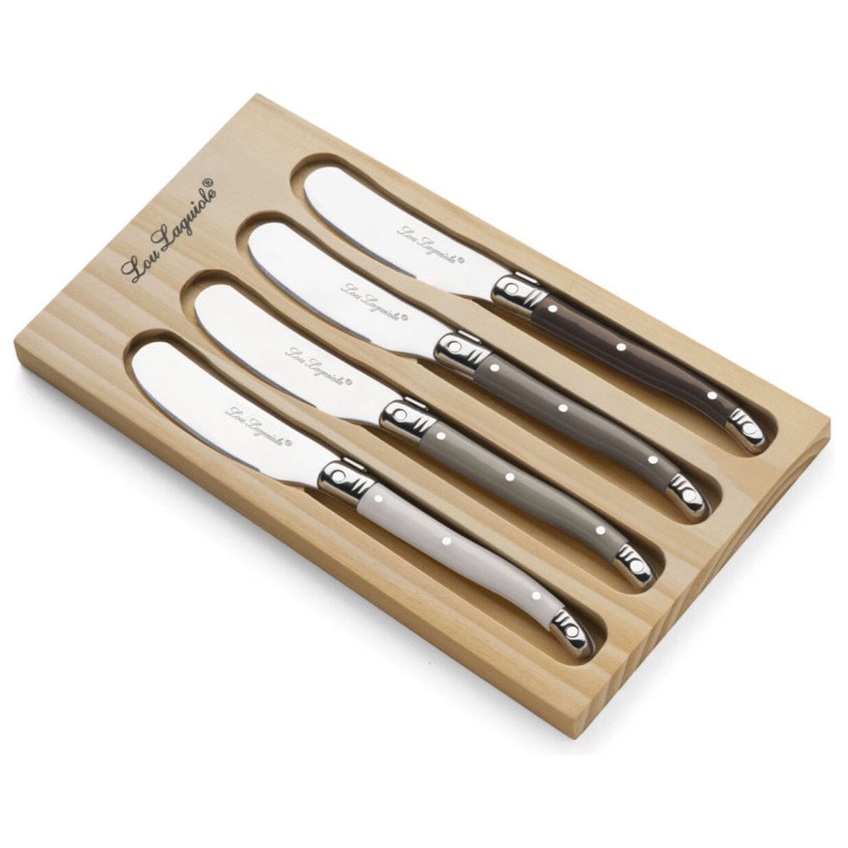 Lou Laguiole - 4-pc butterspreader set in wooden box - mixed colors (pepper/pearl/taupe) Botermessen Lou Laguiole