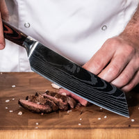 Messenset Damascus print 9-delig + Acacia Houder Dubbelzijdig Messensets Shinrai Japan