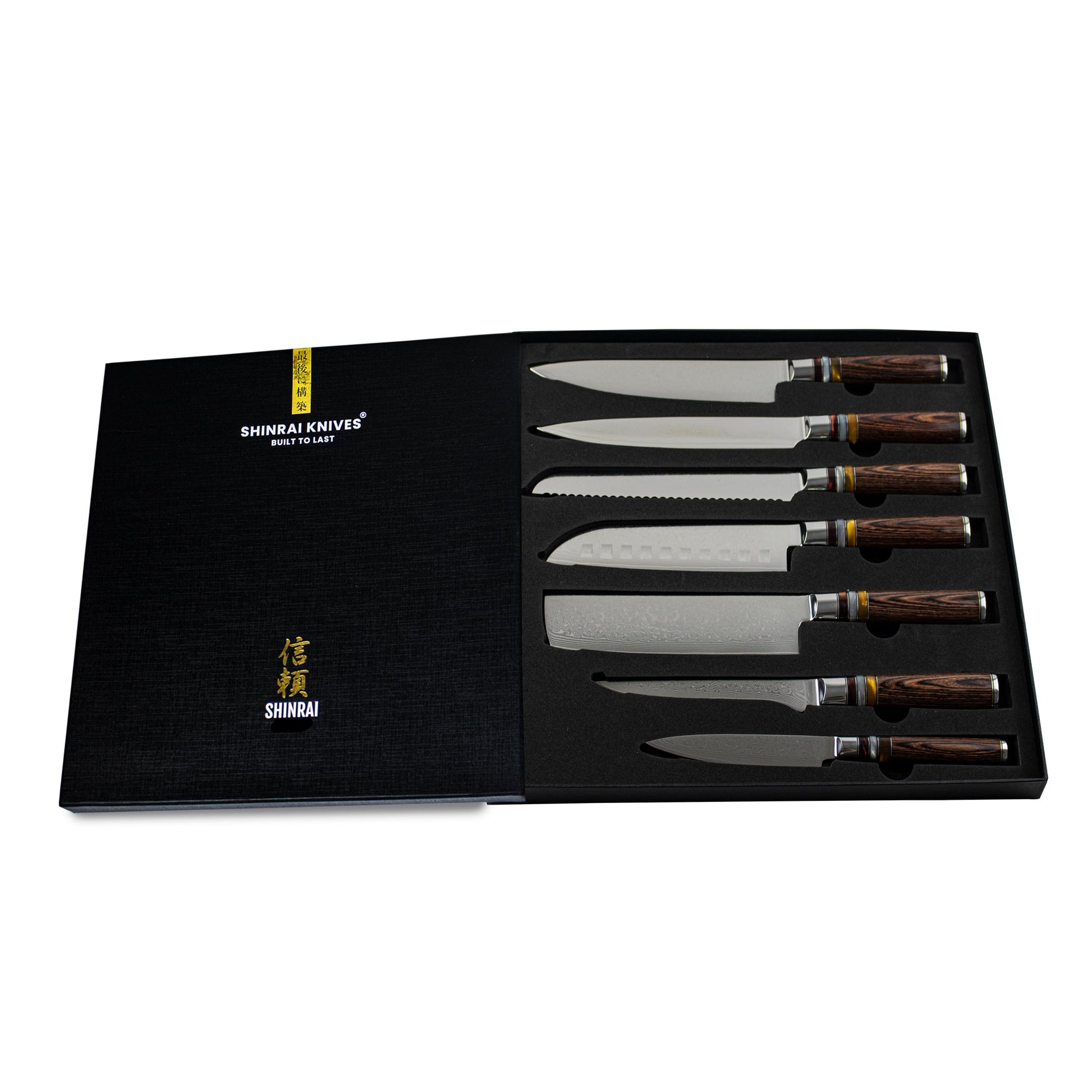 Micarta Jewels 7-delige Damascus Messenset + Acacia houder dubbelzijdig Messensets Shinrai Japan