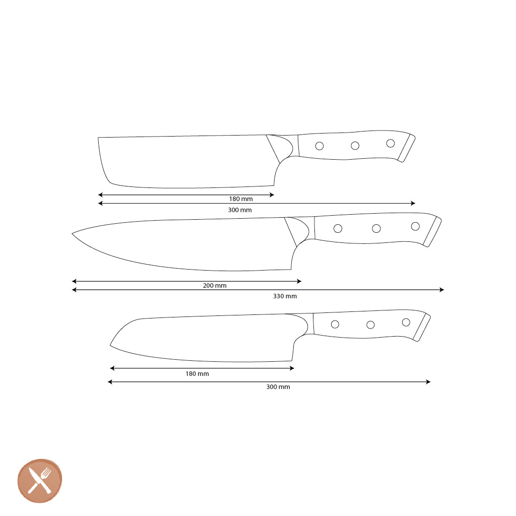Couteaux Shinrai - Ensemble de couteaux Damas 3 pièces Eclipse - Couteau de chef + Nakiri + Santoku