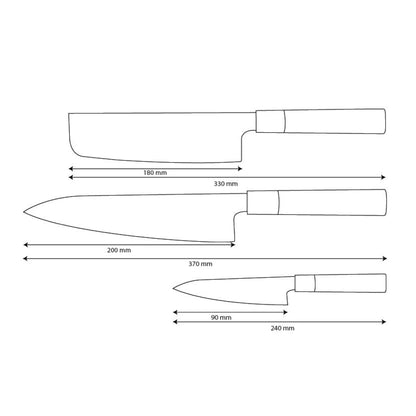 Shinrai Knives - Ensemble de couteaux Damas 3 pièces Takumi Kaza - Couteau de chef + Nakiri + Couteau d'office