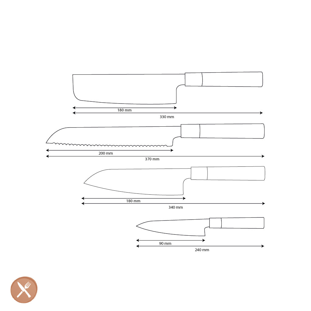 Shinrai Knives - Takumi Kaza 4-piece Damascus Knife Set - Santoku + Bread Knife + Nakiri + Paring Knife