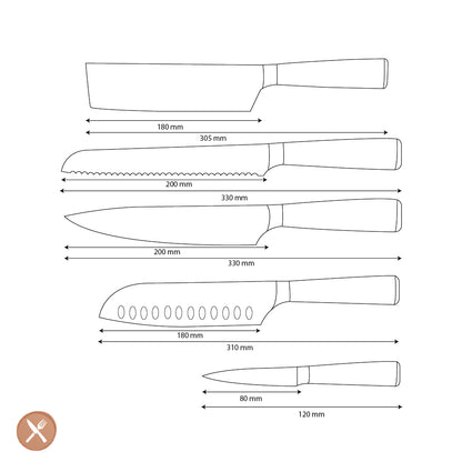 Couteaux Shinrai - Ensemble de 5 couteaux en résine époxy et onyx imprimé Damas - Couteau de chef, couteau à pain, couteau Nakiri, couteau Santoku et couteau d&#39;office
