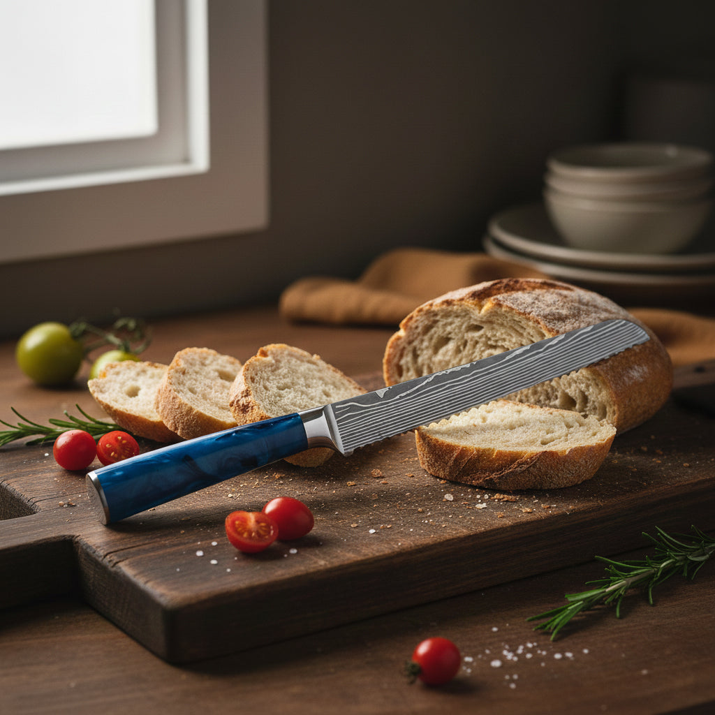 Shinrai Knives - Damascus Print Epoxy Sapphire Bread Knife 20 cm