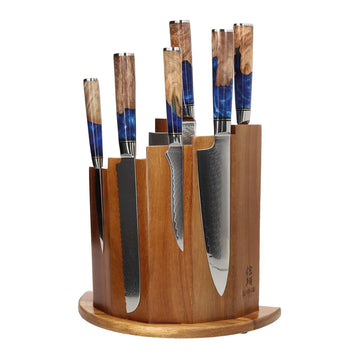 Shinrai Knives - Epoxy Sapphire 6-piece Damascus Knife Set + Magnetic Knife Block Scalae - Acacia wood