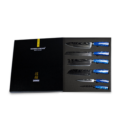 Shinrai Japan - Epoxy Sapphire Damascus Print 6-piece Knife Set + Magnetic Knife Block Double Sided - Black