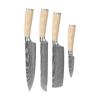 Shinrai Knives - Akari Damascus Print 4-Piece Set - Chef's Knife + Bread Knife + Nakiri + Paring Knife