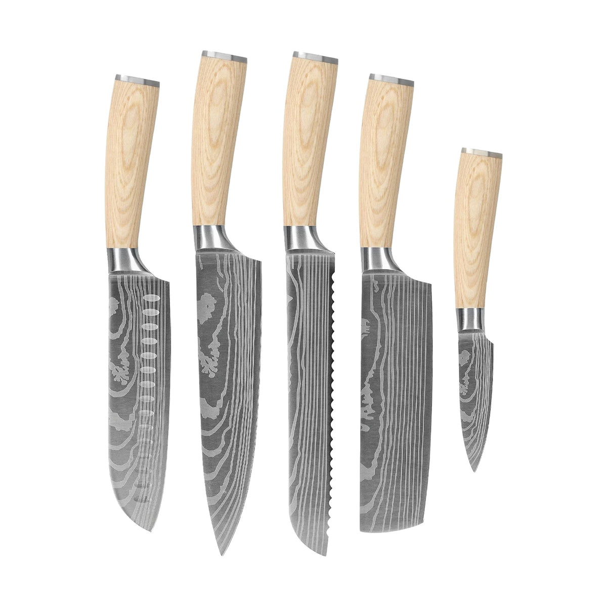 Shinrai Knives - Akari Damascus Print 5-piece set - Chef's Knife + Bread Knife + Nakiri + Santoku + Paring Knife