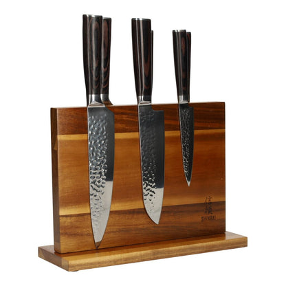 Hammered RVS 6-delige Messenset + Acacia houder dubbelzijdig Messenset met blok Shinrai Knives 