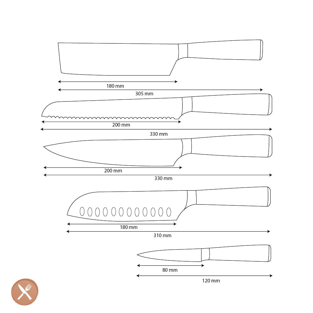 Shinrai Knives - Damascus Print 5-delige Messenset - Koksmes + Broodmes + Nakiri + Santoku + Schilmes Messenset Shinrai Knives 
