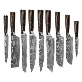 Couteaux Shinrai - Coffret de 9 couteaux à motif damassé