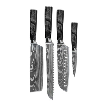 Couteaux Shinrai - Coffret de 4 couteaux en époxy onyx à motif damassé - Santoku + couteau à pain + Nakiri + couteau d'office
