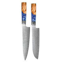 Shinrai Knives - Epoxy Sapphire 2-delige Damascus Messenset - Koksmes + Santoku mes Messenset Shinrai Knives 