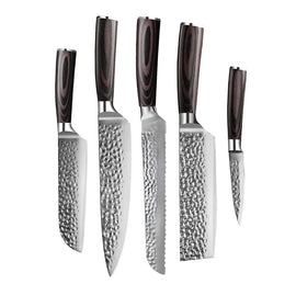 Shinrai Knives - Hammered RVS 5-delige Messenset - Koksmes + Broodmes + Nakiri + Kleine Santoku + Schilmes Messenset Shinrai Knives 