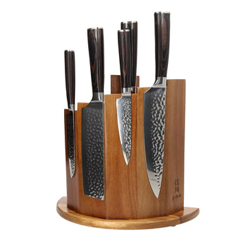 Shinrai Knives - Hammered RVS 6-delige Messenset + Magnetisch Messenblok Scalae - Acacia hout Messenset met blok Shinrai Knives 