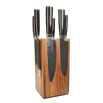 Couteaux Shinrai - Coffret de 6 couteaux en acier inoxydable martelé + bloc à couteaux - Coffret de couteaux rotatifs avec bloc - Couteaux Shinrai