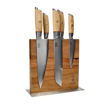 Shinrai Knives - Hikari Damascus 5-delige messenset + Messenblok Cito dubbelzijdig Messenset met blok Shinrai Knives 