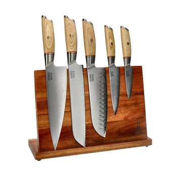 Shinrai Knives - Hikari Damascus 5-delige messenset + Messenblok enkelzijdig Messenset met blok Shinrai Knives 