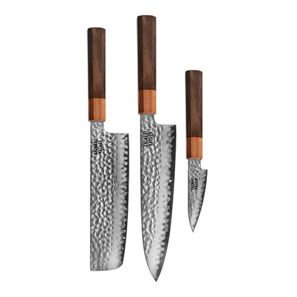Couteaux Shinrai - Kigami Exclusive Damascus 3 pièces - Couteau de chef + Nakiri + Couteau d'office Ensemble de couteaux Shinrai Knives