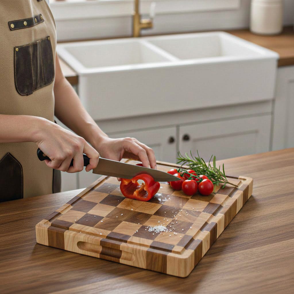 Shinrai Knives - Schaak Snijplank Acaciahout - Kopshout - 40 x 30 x 4.5 cm Houten snijplank Shinrai Knives 