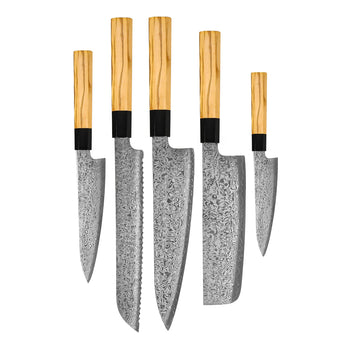 Couteaux Shinrai - Ensemble de couteaux Damas 5 pièces Takumi Kaza - Couteau de chef + Couteau à pain + Nakiri + Couteau d'office + Couteau à éplucher Ensemble de couteaux Shinrai Knives
